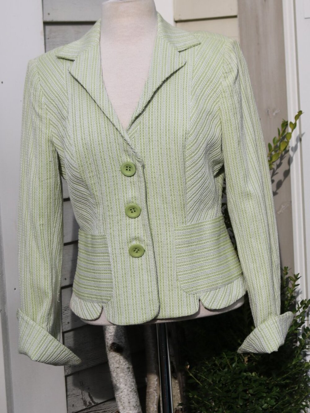 NEW Kay Unger Green White Seersucker Stripe Cotton French Cuff Fitted Jacket 12